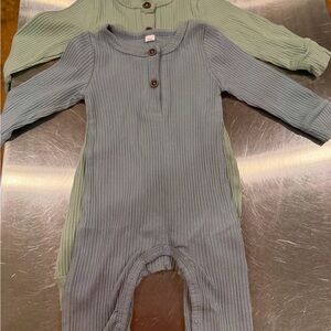 Ribbed Baby Henley Romper - Slate Blue & Sage